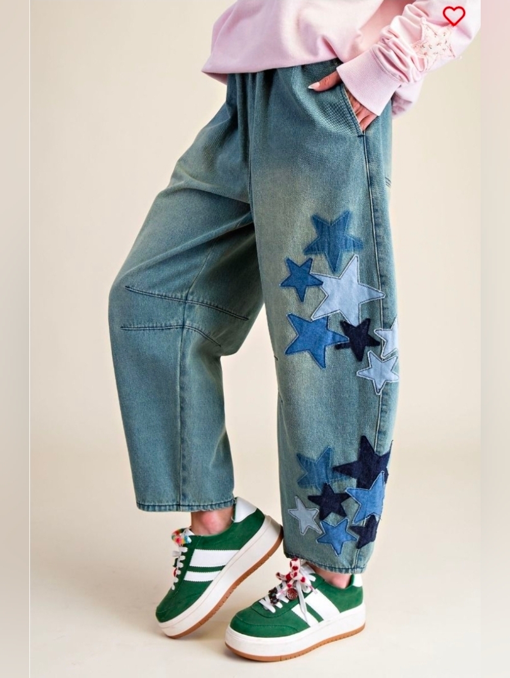 easel Green Washed Cropped Jeans with Blue Star Patches